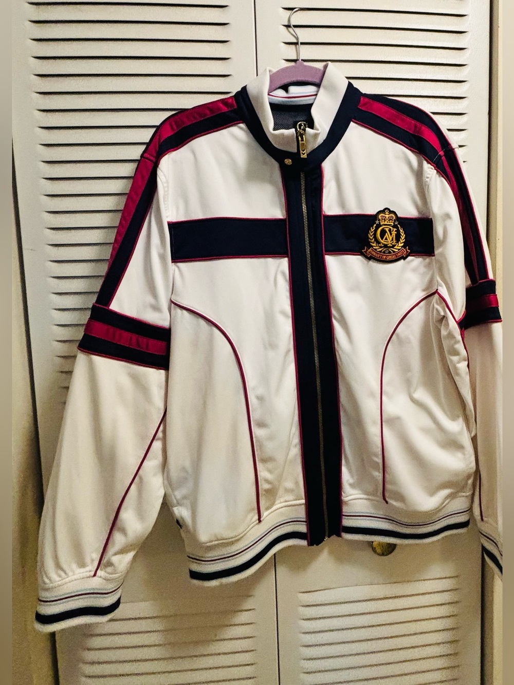 White Bomber Jacket with Navy & Burgundy Trim - Men's